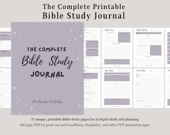 Pode incluir: Um diário de estudo bíblico imprimível com uma capa roxa que apresenta um design de constelação e o texto "The Complete Bible Study Journal". O diário inclui 17 páginas exclusivas para um estudo aprofundado e planejamento. É um PDF de 166 páginas para uso em impressão e aplicativos de anotação digital.