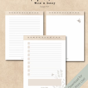 May include: A printable notepad pack with three pages featuring a minimalist design with a calendar, lined paper, and a checklist. The design includes a bee and floral illustrations in black and white.