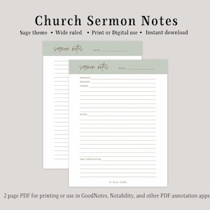 May include: Two printable pages of sermon notes with a sage green background. The pages are lined and have spaces for the date, message, speaker, verses, notes, and daily application.