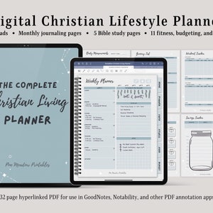 May include: A digital planner for Christian living with a blue and white color scheme. The cover features a starry night sky and the text "The Complete Christian Living Planner". The planner includes 132 pages with sections for weekly planning, budgeting, meal prep, and more.