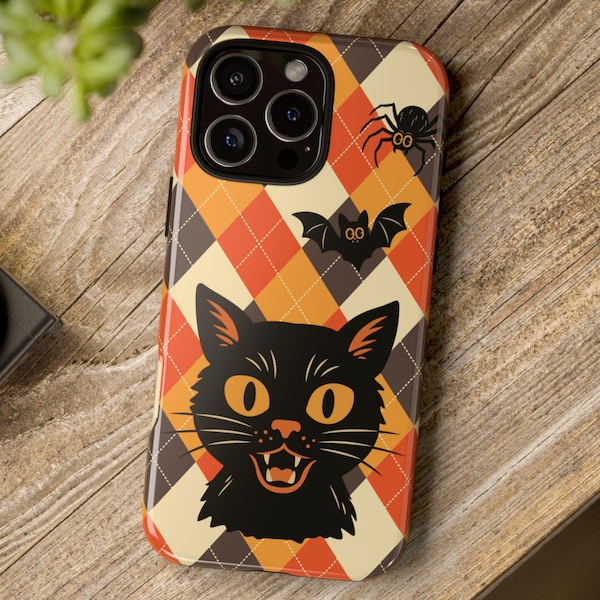 Retro Halloween Cat Phone Case, Black Cat Bat Argyle Case, Spooky Autumn iPhone Samsung Google Pixel Cover, Glossy Protective Case