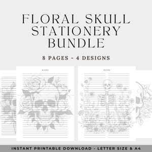 Gothic Stationary PDF Download, Floral Skull Notepad Set, Halloween Notepad, Gothic Notepad, Lined Paper, Digital Download, 8.5 x 11, A4