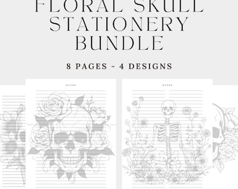 Gothic Stationary PDF Download, Floral Skull Notepad Set, Halloween Notepad, Gothic Notepad, Lined Paper, Digital Download, 8.5 x 11, A4