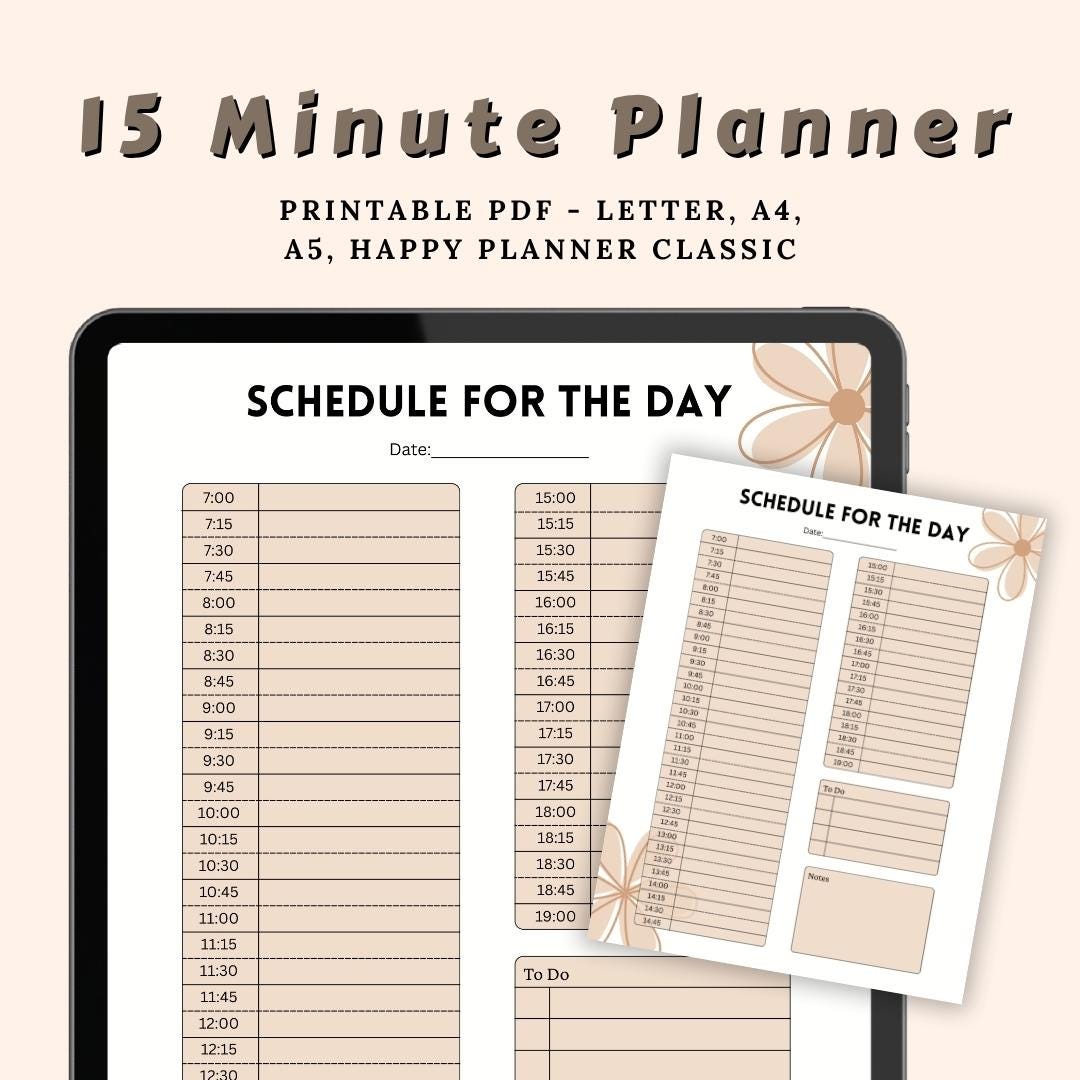 15minute Schedule Template , Minimalist Daily Planner Printable, A4 A5