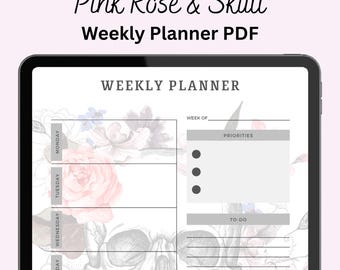 Skull Rose Weekly Planner Printable, Gothic Aesthetic PDF Download, Undated Weekly Layout, Dark Cottagecore Planner Page