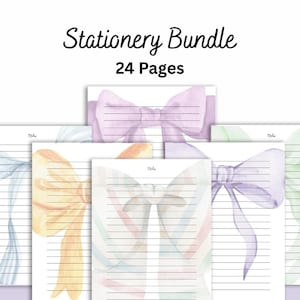 Pode incluir: Pacote de papelaria com 24 páginas de papel pautado. As páginas apresentam desenhos de laços em aquarela em várias cores pastel. O texto "Stationery Bundle" e "24 Pages" é exibido na parte superior da imagem.