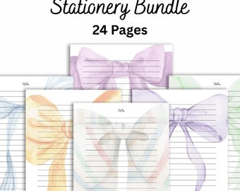Bow Stationery Bundle, 24 Page Watercolor Printable Lined Paper Set, Pastel Notes Pages Letter & 4x6 Size, Wedding Stationary