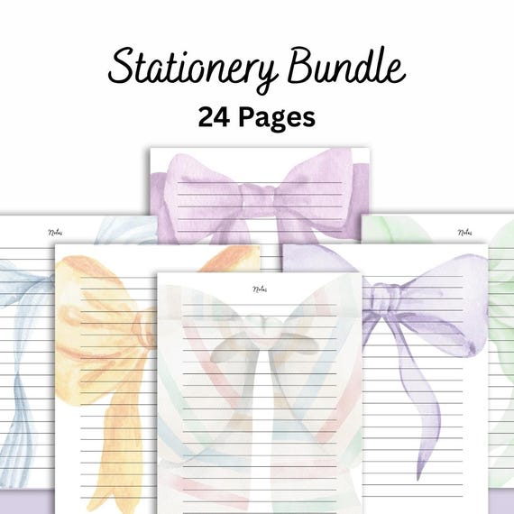 Bow Stationery Bundle, 24 Page Watercolor Printable Lined Paper Set, Pastel Notes Pages Letter & 4x6 Size, Wedding Stationary