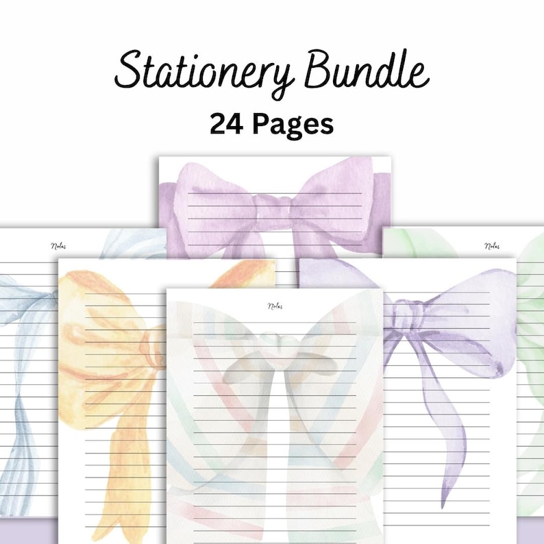 Peut inclure: Ensemble de papeterie avec 24 pages de papier lign&eacute;. Les pages pr&eacute;sentent des motifs de n&oelig;uds &agrave; l'aquarelle dans des tons pastel. Le texte "Stationery Bundle" et "24 Pages" est affich&eacute; en haut de l'image.