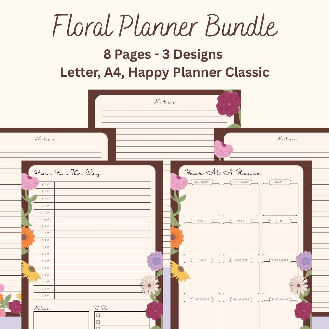 Floral Planner Bundle Printable, Daily Planner, Notes Pages, Year at A ...