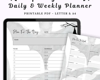 Gothic Bat Daily & Weekly Planner Printable, Goth Planner Set, Dark Aesthetic Witchy Stationery, Spooky Planner PDF Download A4 and Letter