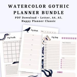 Peut inclure: Un ensemble de planificateurs numériques avec des illustrations à l'aquarelle d'un corbeau noir, d'un serpent et de cristaux. Les pages incluent des en-têtes comme My Month, My Week et My Day avec des sections pour les listes et notes.