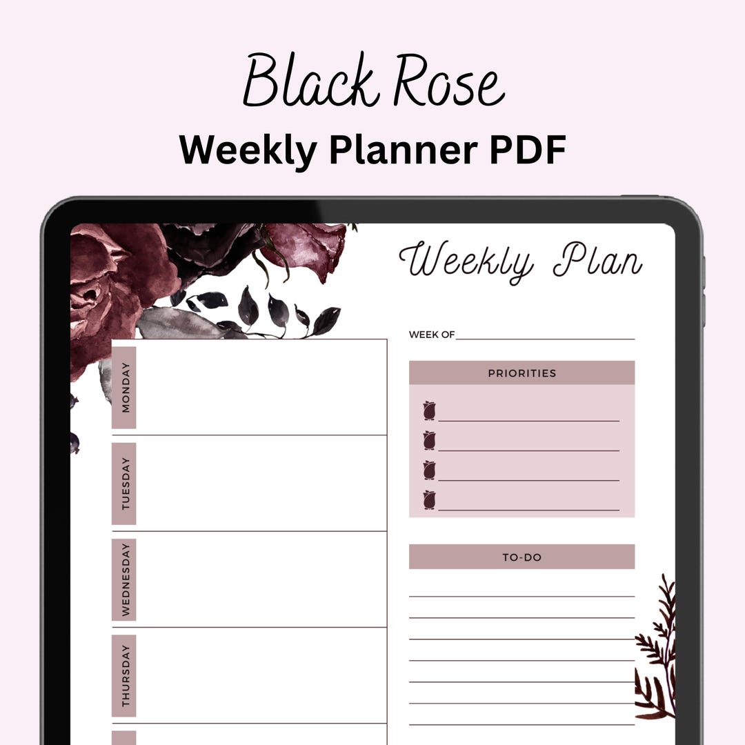 Weekly Planner Printable PDF, Dark Floral Black Rose Weekly Schedule ...