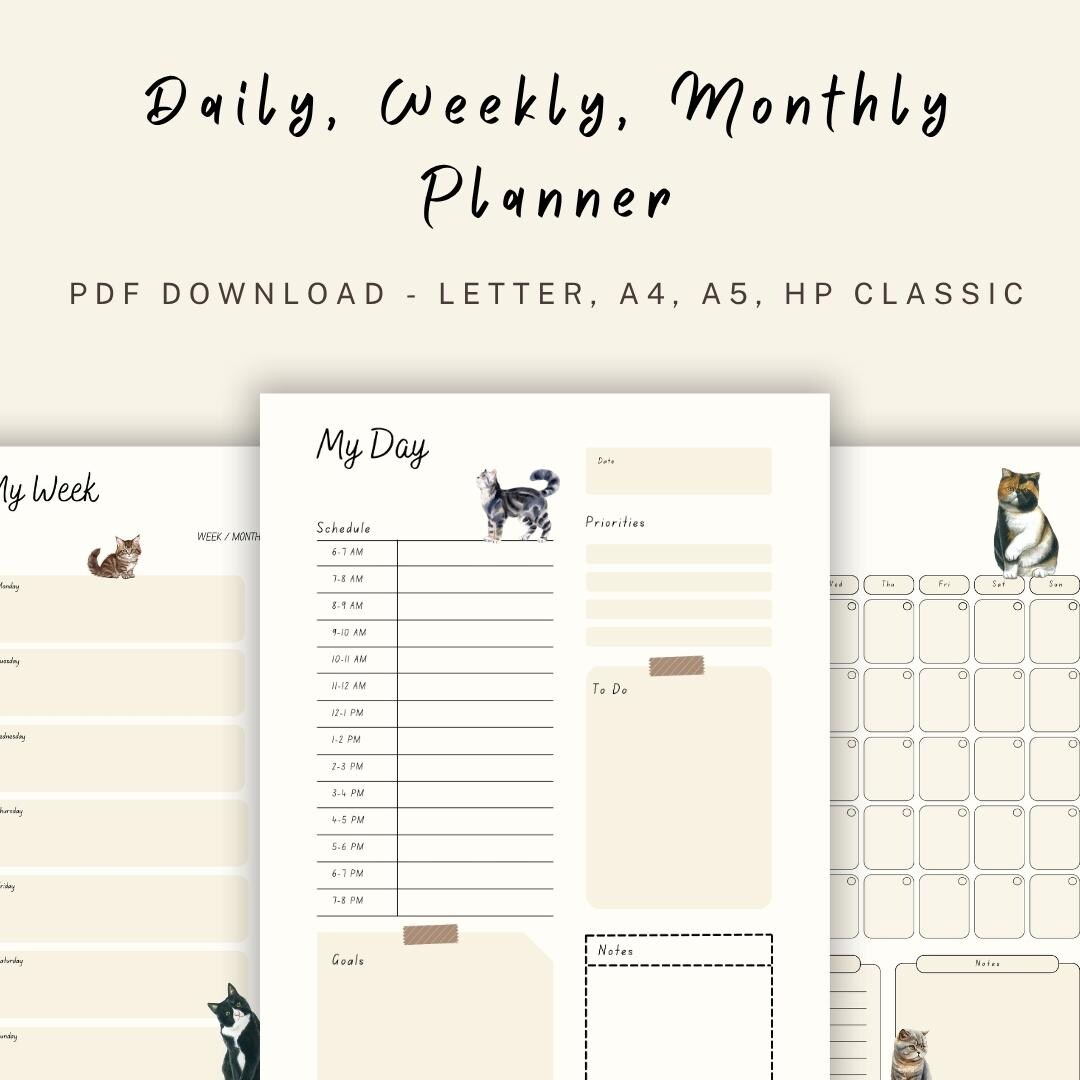 Cat Planner Printable Bundle, Daily Weekly Monthly PDF, Cute Feline ...