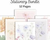 Floral Stationery Bundle, Printable Letter Writing Paper, 12 Page Lined Paper Set, Aesthetic Flower Digital Download, Watercolor Stationary