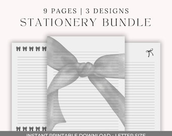 Peut inclure: Un ensemble de papeterie avec trois motifs sur neuf pages. Les pages comprennent du papier ligné avec des graphiques de nœuds et de rubans. Le texte indique "STATIONERY BUNDLE" et "INSTANT PRINTABLE DOWNLOAD - LETTER SIZE".