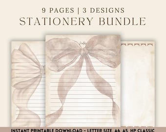Briefpapierset met neutrale strik, afdrukbaar briefpapier, vintage pagina's met esthetische notities, gelinieerd papier, coquette-notitieblok, Letter A4 A5 HP Classic