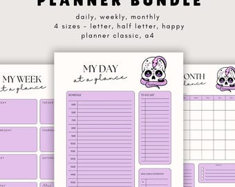 Paquete de agendas Skull Planner, páginas diarias, semanales y mensuales, descarga en PDF estilo gótico en tamaños Carta, Media Carta y A4, Happy Planner, Pastel Goth, agenda 2026