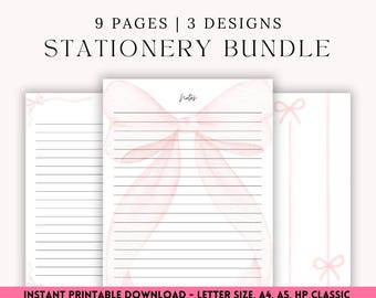 Peut inclure: Ensemble de papeterie avec 9 pages et 3 motifs. Les pages présentent un motif de nœud rose et du papier ligné. Le texte "Notes" est visible sur une page. Le bas de l'image indique "Téléchargement imprimable instantané - Format Lettre, A4, A5, HP Classic."