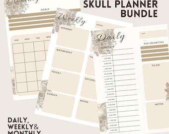 Skull Cottagecore Planner Bundle, Daily Weekly Monthly Printable Pages, Gothic Cottagecore Stationery, A4 & Letter Size PDF Download