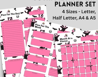 Gothic Kawaii Skull Cat Planner Bundle, Daily Weeky Monthly, Cute Gothic Aesthetic PDF Planner Page, Dark Academia Stationery, Pastel Goth