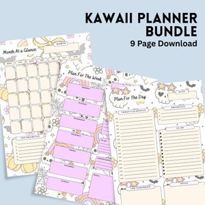 Puede incluir: Paquete de planificador Kawaii con 9 páginas. Las páginas presentan un calendario mensual, diseños de planificación semanal y diaria. Los diseños incluyen colores pastel, arcoíris, estrellas, calaveras y elementos florales.