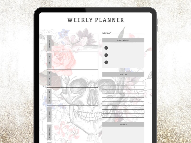 May include: Digital weekly planner displayed on a tablet. The planner features a skull design with floral accents in pink, red, and blue. The text "WEEKLY PLANNER" is at the top, with sections for each day, priorities, to-do, and notes.