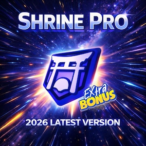 Puede incluir: Gráfico digital con las palabras "SHRINE PRO" en blanco y azul. Se presenta un emblema azul y blanco con un diseño de puerta torii japonesa. También están presentes las palabras "Extra Bonus" y "2026 Latest Version".