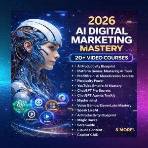 2026 AI Digital Marketing Mastery | 20+ Video Courses + Prompts | ChatGPT, Claude, Sora, Copilot, Perplexity, ElevenLabs & Automation Tools