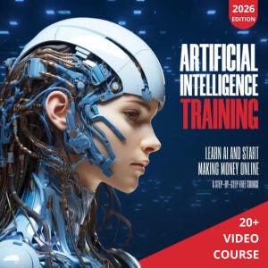 May include: An image promoting Artificial Intelligence Training. The image features a futuristic portrait of a person with robotic enhancements. Text on the right reads "Artificial Intelligence Training" and "Learn AI and Start Making Money Online". The image also states "20+ Video Course".