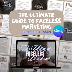 Può includere: Un laptop mostra "The Ultimate Faceless Playbook". L'immagine presenta una guida intitolata "The Ultimate Guide to Faceless Marketing" con un logo Canva e informazioni sui bonus.