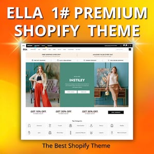 Op de afbeelding: Een website-ontwerp voor het "ELLA 1# PREMIUM SHOPIFY THEME" wordt weergegeven op een witte achtergrond met een oranje en gele gradiënt. De website toont afbeeldingen van kleding en biedt kortingen. Tekst bevat "INSTILEY" en "The Best Shopify Theme."