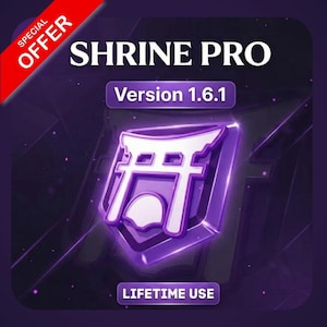 Può includere: Una grafica viola con il testo "SHRINE PRO" e "Version 1.6.1." Un banner rosso nell'angolo in alto a sinistra recita "SPECIAL OFFER." La grafica presenta un'icona bianca e viola di un cancello torii giapponese. Il testo "LIFETIME USE" è in basso.