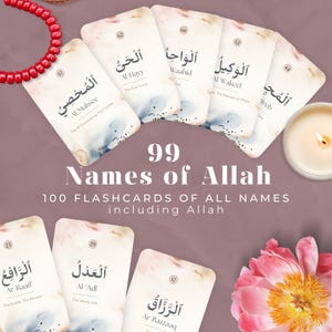 Tarjetas didácticas con los 99 nombres de Alá, Asma ul Husna, tarjetas islámicas imprimibles con traducción, educación para niños musulmanes, herramienta de aprendizaje o regalo, 99NOA