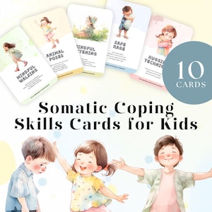 Puede incluir: Un juego de 10 tarjetas para niños con ilustraciones y texto. Las tarjetas presentan títulos como "Mindful Walking" y "Safe Rage". También se muestran las palabras "Somatic Coping Skills Cards for Kids".
