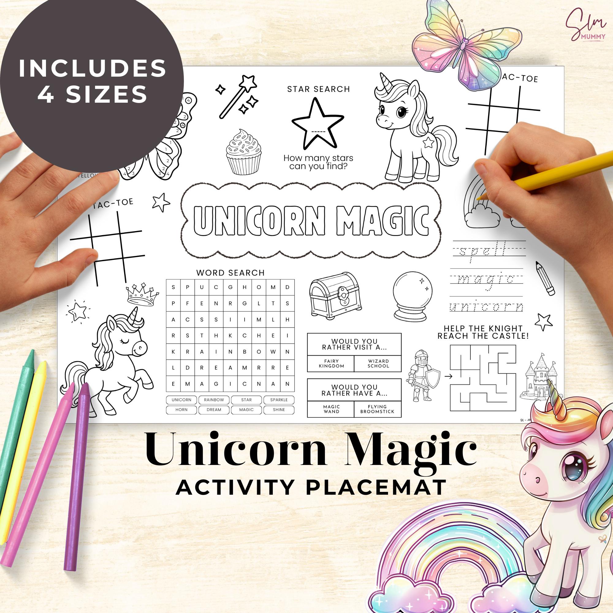Unicorn Magic Coloring Activity Placemat for Kids, Printable Fantasy ...
