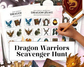 May include: A fantasy-themed scavenger hunt game with the title "Dragon Warriors Scavenger Hunt". The game features illustrations of dragons, swords, and other fantasy elements. A hand is holding a pencil, ready to mark the game.