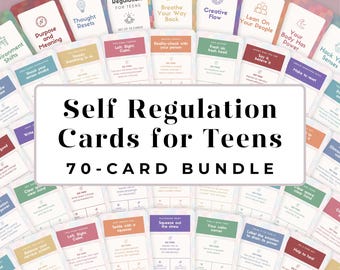 Puede incluir: Un conjunto de 70 tarjetas de autorregulación para adolescentes. Las tarjetas están dispuestas en un patrón circular, con títulos como "Breathe Your Way Back" y "Your Body Has Power". El texto central dice "Self Regulation Cards for Teens".
