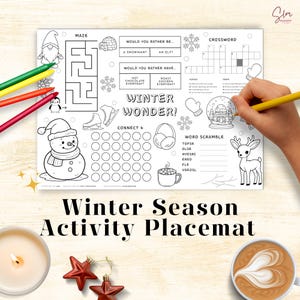 Winter Activity Placemat for Kids, Printable Coloring Sheet With Seasonal Activities, Quiet Time Mat
