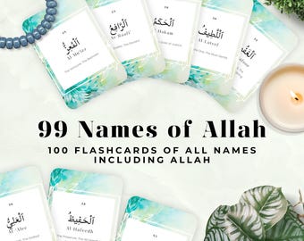 99 Names of Allah Flashcards, Asma ul Husna, Teal Green Islamic Printable Cards, Translation, Muslim Kids Education, Learning Gift, 99NOA