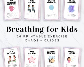 May include: 24 printable exercise cards for kids with colorful illustrations and instructions for breathing exercises.  The cards feature titles like "Hot Chocolate Breathing", "Belly Breathing", "Balloon Breathing", "Color Breathing", "4-5-6 Breathing", "Star Breathing", "Bumblebee Breathing", and "Blowing Bubbles".