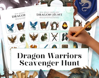 May include: A fantasy-themed image featuring a "Dragon Warriors Scavenger Hunt" game. The game includes a checklist with dragon-related illustrations. A hand is holding a pencil, ready to mark the checklist. The image also includes a dragon illustration.