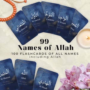 99 nomi di Allah Flashcards, Asma ul Husna, carte stampabili islamiche blu navy con traduzione, istruzione per bambini musulmani, regalo di apprendimento, 99NOA