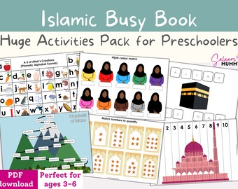 Preschool Busy Book, Islamic Interactive Binder, 17 Hands-on Learning Activities for Kids, Teach about Allah, Prophets, Prayer, 36-Page PDF