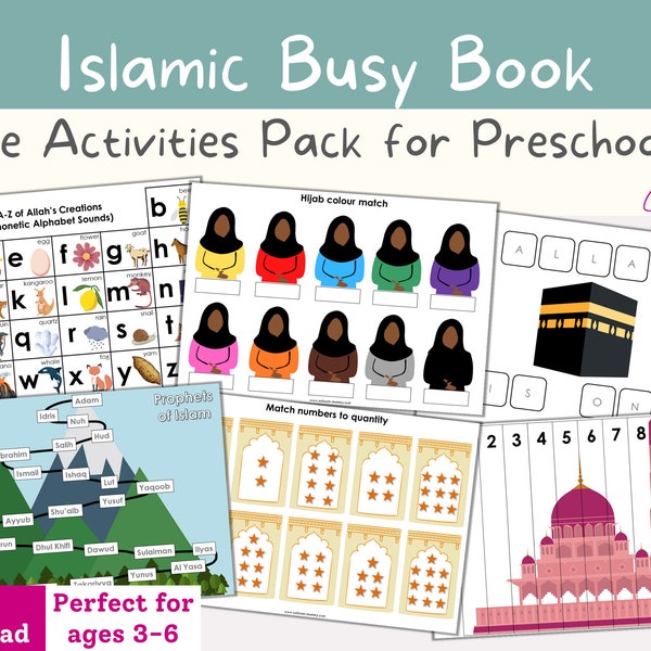 Preschool Islamic Busy Book, Muslim Learning Binder, 17 Hands on Islamic Activities to Learn about Islam, Allah, Prophets, Prayer, Tawheed