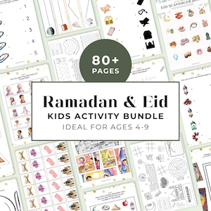 May include: A bundle of Ramadan and Eid kids' activity pages. The cover features the text "Ramadan & Eid KIDS ACTIVITY BUNDLE" with "80+ PAGES" in a circle. The pages include coloring, matching, and counting activities.
