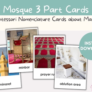 Moschee 3 Teilige Karten | Montessori Sprachenlernen | Islamische Lernkarten | Islamische Nomenklatur | Masjid Dreiteilige Karten