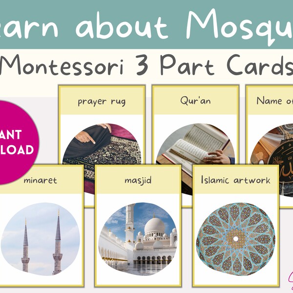 Mosques Flashcards, Montessori 3 Part Cards, Islamic Flashcards for Classroom and Homeschool, World Religion Activity, Ramadan Kids Activity