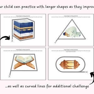 May include: A pink background with four illustrations for shape cutting practice. The illustrations include a cube, a person praying, an open book, and a lantern. The text says, "Your child can practice with larger shapes as they improve..." and "...as well as curved lines for additional challenge."