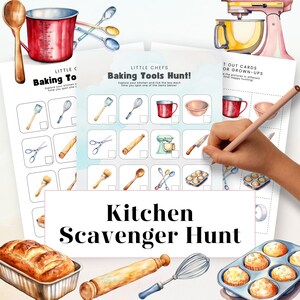 May include: Watercolor illustration of a baking-themed scavenger hunt for kids. The image features a red measuring cup, wooden spoons, and a stand mixer. The text reads "Kitchen Scavenger Hunt" and "Baking Tools Hunt!"